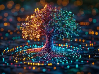 Canvas Print - Glowing Data Tree Concept with Branching Business Sectors and Data Points as Fruits