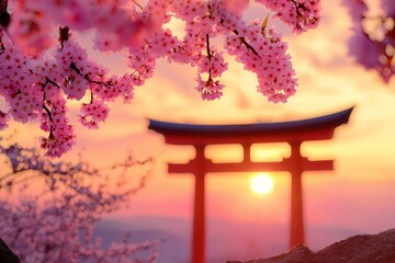 Wall Mural - Japanese cherry blossoms framing a torii gate at sunrise