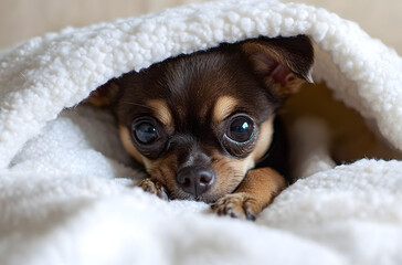 Wall Mural - Brown chihuahua under a white blanket