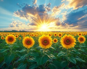 Wall Mural - Dramatic Sunflower Field Under Stormy Sky with Radiant Sunbeams Breaking Through