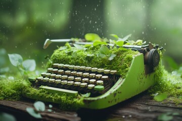 Poster - A hyper-realistic close-up of an overgrown typewriter covered in moss and leaves, with light streaming through cracks in an old wooden cabin, symbolizing a former life of creativity