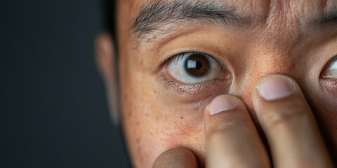 Wall Mural - Close-up of a Man's Eye and Hand Touching Undereye Skin