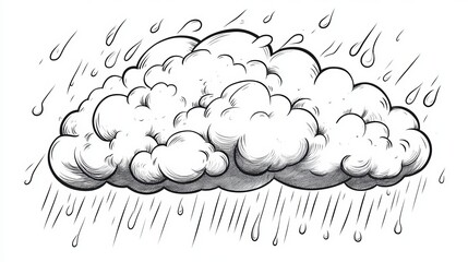 Wall Mural - single cumulus cloud pouring rain, black and white line art illustration for coloring