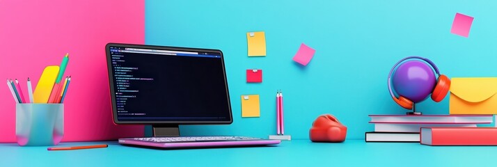 Creative workspace for online advertising graphic layouts in vibrant colors