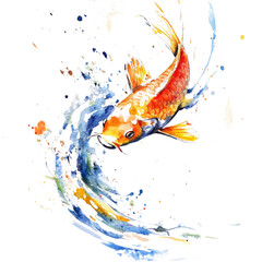 Wall Mural - Vibrant Koi Fish Leaping Through Watercolor Waves
