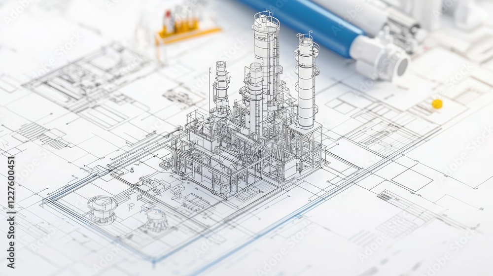 Technical blueprint of an industrial facility with detailed engineering ...