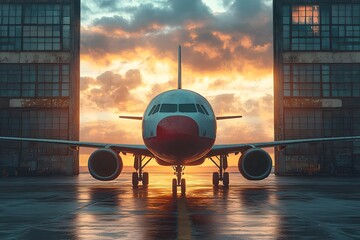 Airplane and sunset Plane landing at airport in evening sky Commercial airplane in an airport before people boarding