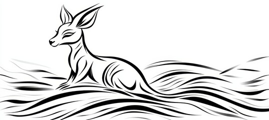 Wall Mural - stylized wallaby, outline design with decorative flowing lines, black and white illustration
