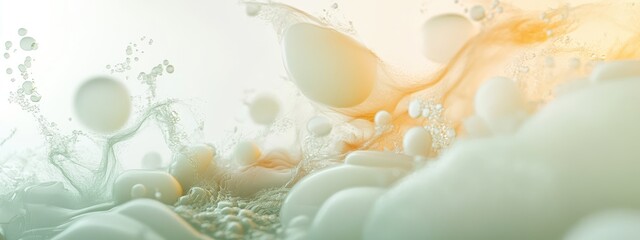 Wall Mural - Colorful abstract digital artwork with fluid shapes and softly blurred background light creating a dreamy effect and empty space for text.