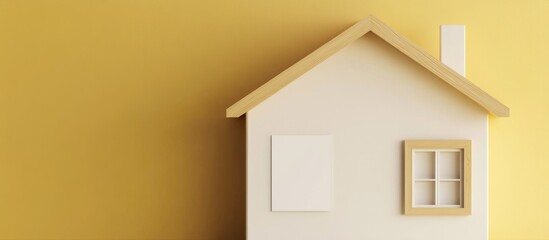 Minimalist house model with two leaflets and blank wall space for text set against a yellow background suitable for advertising purposes.