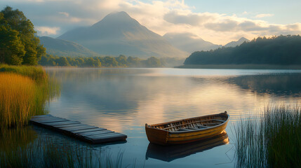  A peaceful photography of a shimmering lake in Connemara, with reflections of nearby mountains and soft golden light illuminating the tranquil water.
