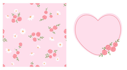 Wall Mural - Seamless pattern with rose, green leaves and daisy flower on pink background. Heart sign with pink rose card vector.