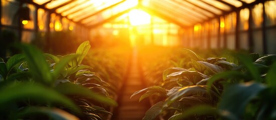 Wall Mural - Greenhouse at Sunset with Warm Light and Lush Green Plants Creating a Tranquil Atmosphere for Text Overlay