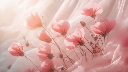 Wall Mural - panorama of delicate pink organic cotton flowers arranged on soft gauze fabric illuminated by gentle