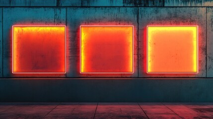 Poster - neon illuminated rectangular frames on a textured urban wall creating a vibrant atmosphere for adver