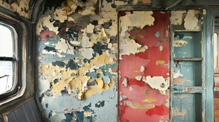 Vintage train carriage interior showcasing peeling paint and weathered textures reflecting decay and nostalgia.