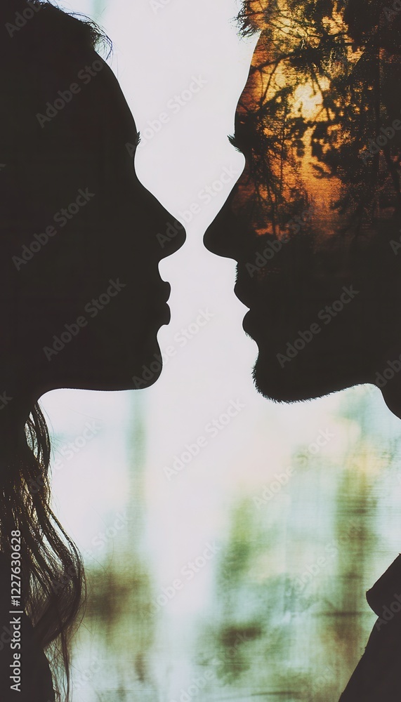 Silhouette of a couple facing each other, about to kiss. A double ...