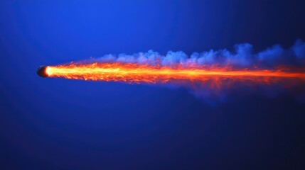 Wall Mural - anamorphic lens flare effect with bright asteroid fire trail against a deep blue background for crea