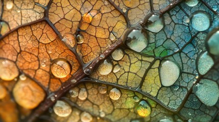 Wall Mural - macro shot of colorful water droplets on a leaf displaying intricate patterns and the beautiful inte