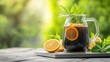 © progress - A glass pitcher of iced tea with orange slices on a wooden table outdoors
