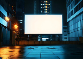 Wall Mural - Blank white advertising billboard on a office building wall at night