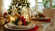 © DigitalDruid - Elegant festive dinner table set with sparkling decorations and warm candlelight for a joyful holiday celebration with family and friends.