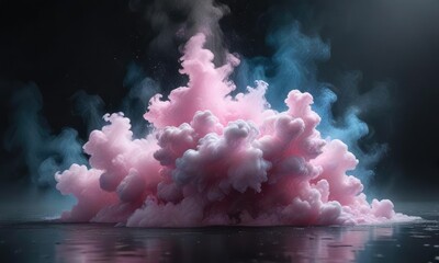 Wall Mural - soft pink and blue misty elements suspended on a black surface, creating an otherworldly atmosphere,