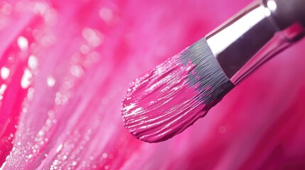 Macro shot of a paintbrush applying vibrant pink paint, showcasing an abstract design for a stylish manicure in soft pink and grey hues.