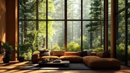 Wall Mural - Cozy modern living room featuring large windows and natural light with a view of lush greenery in a contemporary interior design setting.