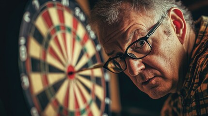 Focused man aiming dart at dartboard in dimly lit room capturing the essence of precision and concentration in a game setting.