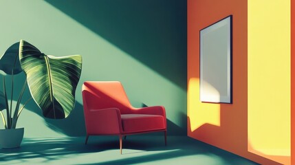 Wall Mural - Minimalist interior design with vibrant flat color shapes and modern furnishings creating a serene and inviting atmosphere.