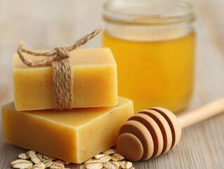 Bar soap with visible natural ingredients like oats and honey, styled on a wooden surface