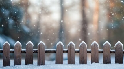 Wall Mural - Close up of snowy fence adorned with hoarfrost against a blurred winter forest backdrop creating serene cold ambiance with empty text space