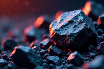 Close-up of rough coal pieces illuminated in warm light, showcasing texture and detail.