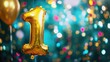 © Giovanni - Golden Foil Number 1 Balloon Hanging Against a Colorful Confetti Bokeh Background Ideal for Celebrations and First Birthday Themes