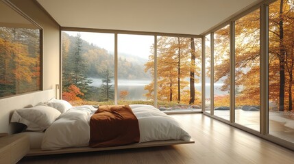 Sticker - Serene bedroom with large windows showcasing autumn hues in a minimalist design emphasizing natural light and luxurious comfort