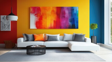 Wall Mural - Bright Minimalist Living Room Featuring Colorful Abstract Wall Art and Contemporary Furniture Design