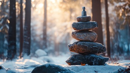 Wall Mural - Nature close up of serene winter forest featuring a stone inukshuk symbolizing land amidst a tranquil snow-covered landscape