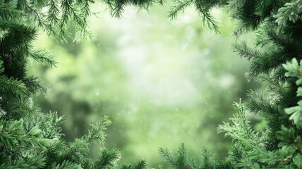 Wall Mural - blurry green conifer branches framing a serene evergreen forest background in a rustic natural setti