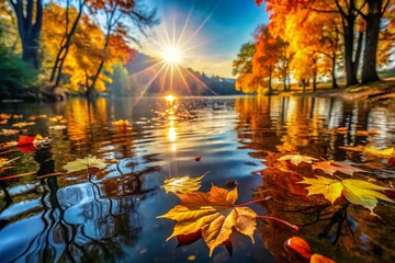 Wall Mural - Autumn Leaves Floating on Calm Water, Serene Nature Scene, Fall Foliage