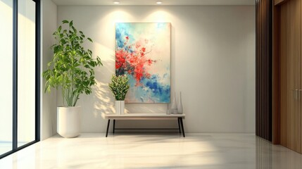 Wall Mural - Contemporary Hallway Design Featuring Abstract Art and Lush Greenery in a Minimalist Setting