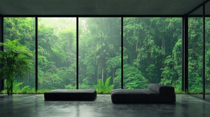 Wall Mural - Modern minimalist living room design featuring expansive windows and a lush tropical jungle backdrop for a serene ambiance.