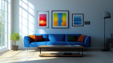 Wall Mural - Stylish minimalist living room featuring a blue sofa, vibrant artwork, and a sleek coffee table under natural light