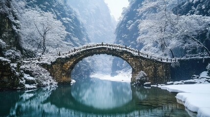 Wall Mural - Serene snow-covered nature bridge reflecting in calm waters surrounded by a tranquil winter landscape