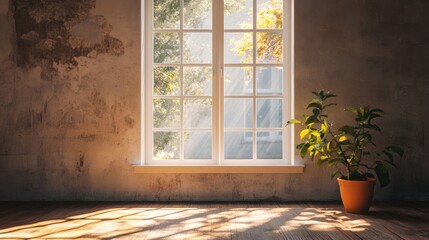 Wall Mural - Cozy minimalist living room showcasing natural light streaming through a window with an indoor plant in a terracotta pot.