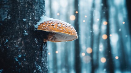 Wall Mural - Mushroom on Tree Bark in Winter Forest with Snow and Dew Drops Vertical Composition