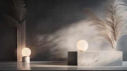 Wall Mural - Minimalist interior design featuring elegant light bulb setup and decorative pampas grass in soft, ambient lighting