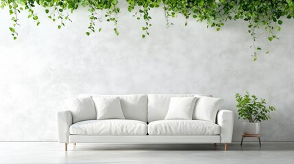 Wall Mural - Modern Minimalist Living Room with White Sofa and Lush Green Plants on Clean Wall