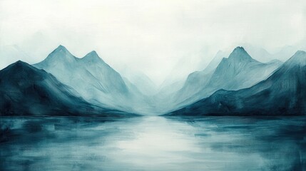  Serene Minimalist Mountain Landscape with Soft Blue Tones and Calm Reflections in Water