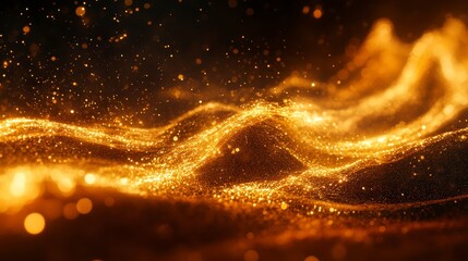 Wall Mural - Abstract background with gold particles and dark background. The gold sparkles create a wave like pattern with bokeh effects. Luxurious and elegant